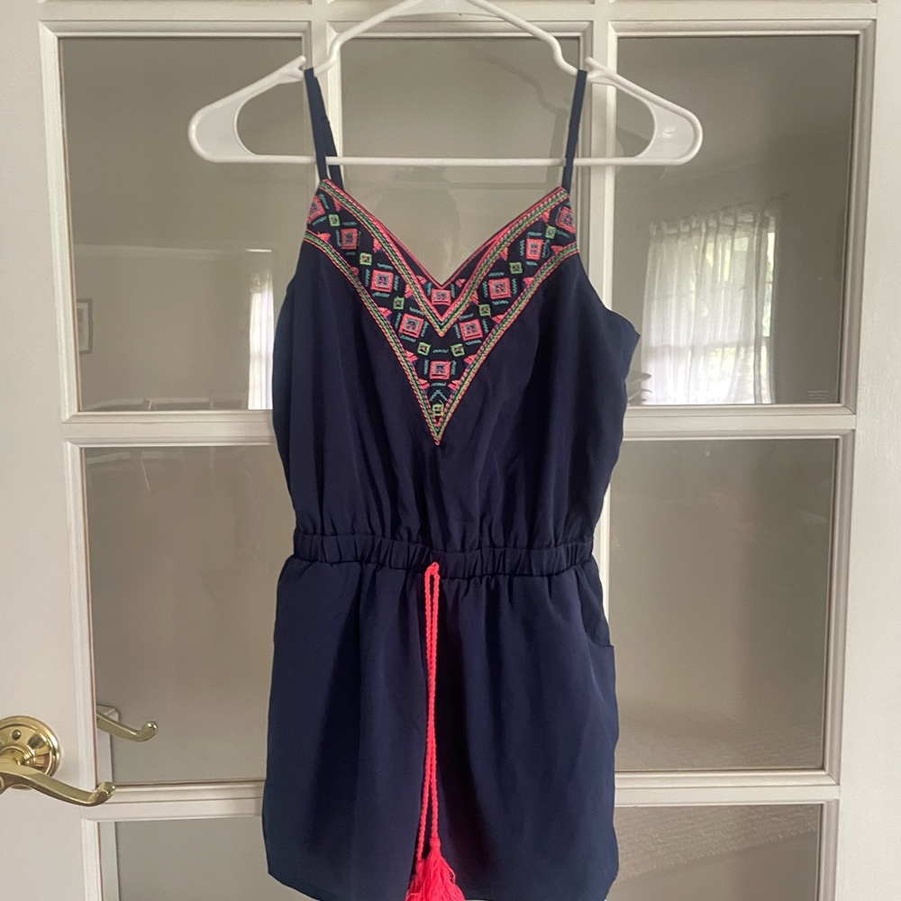 Girls Navy Romper with Embroidered Detail size 14